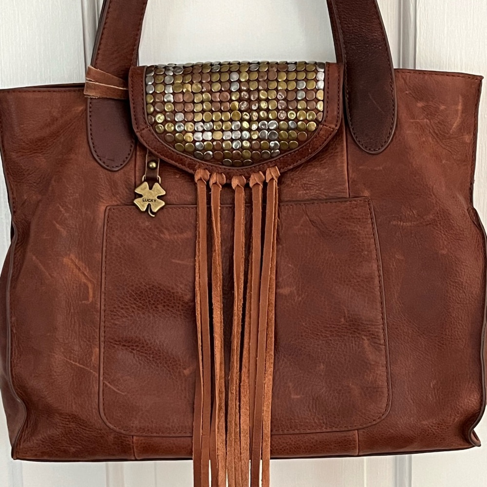Lucky Brand Distressed Leather Mixed Metal Studs + Fringe Shoulder Bag Bohemian